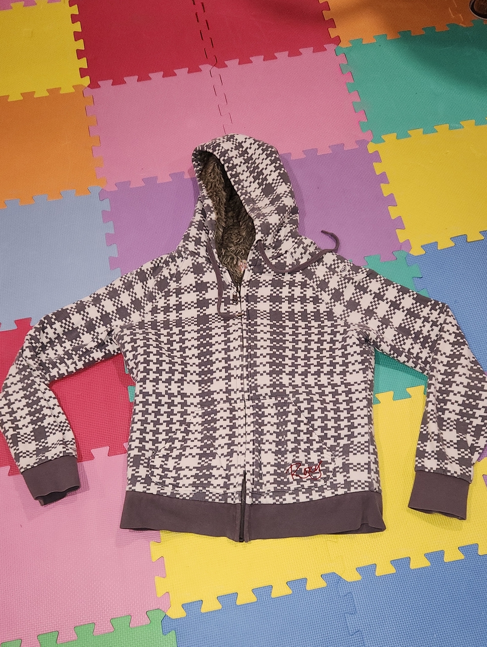 ROXY Plaid Zip Hoodie with Faux Fur Lining - Gray & White, Size XL